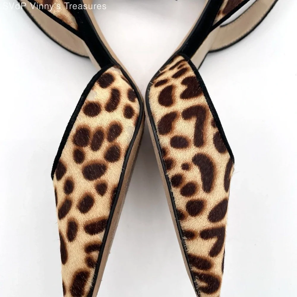 Pelle Moda Leopard Calf Hair Slingback Pumps Women's 8M Pointed Stiletto Heels